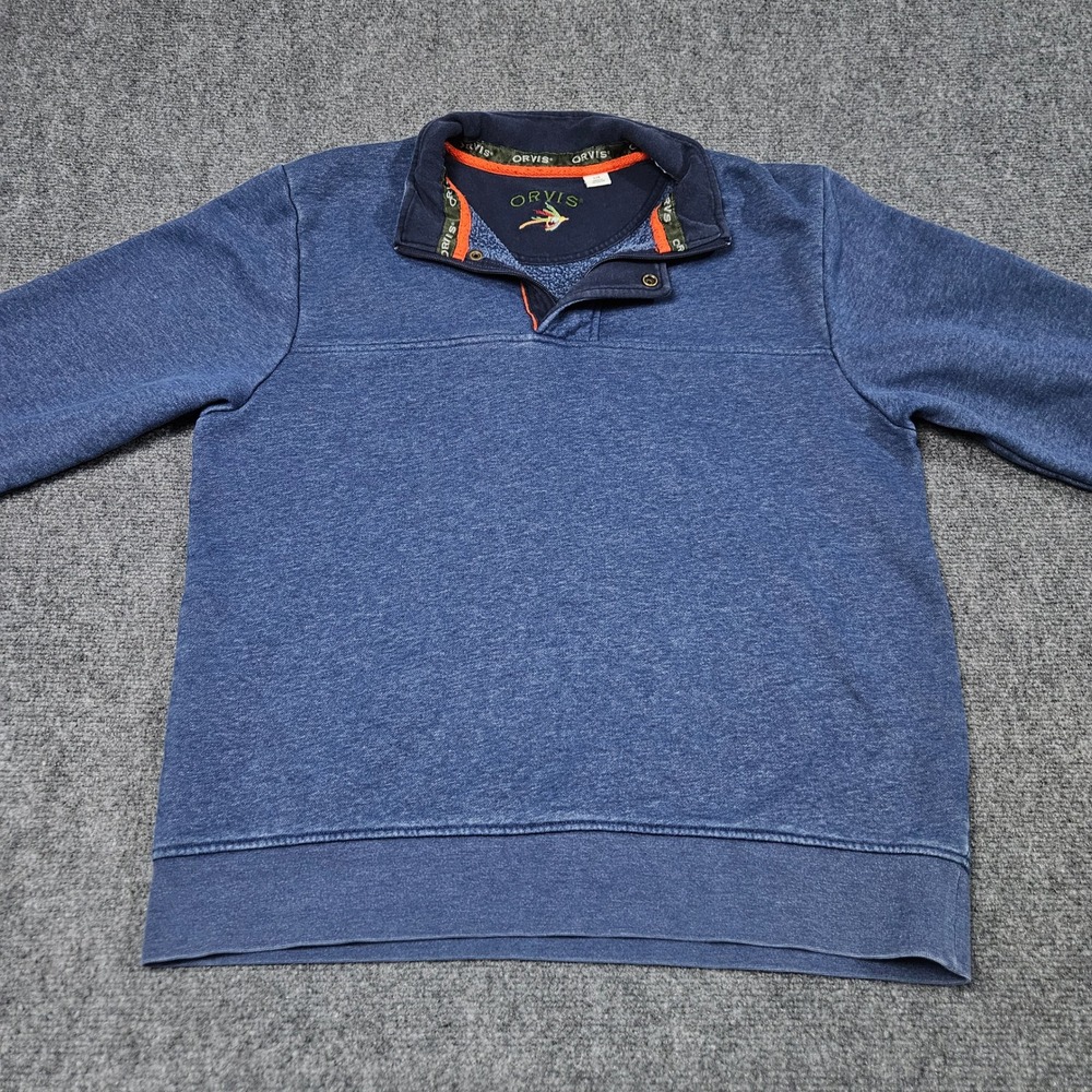 Orvis Quarter Zip‎ Sweatshirt Large Blue Embroidered Fly Fishing Outdoor Cabin